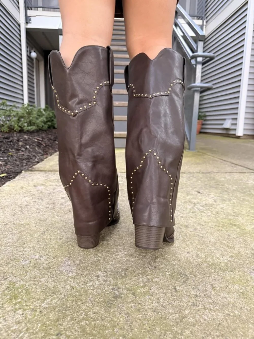 Women's Chocolate Polyurethane (PU) Studded Fold Over Knee High Chunky Heel Boot